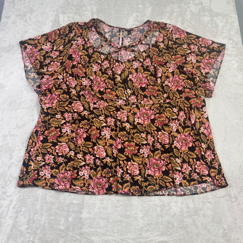 Torrid Womens Floral Print Top Plus Size 6 Black Pink Short Sleeve Peplum Blouse
